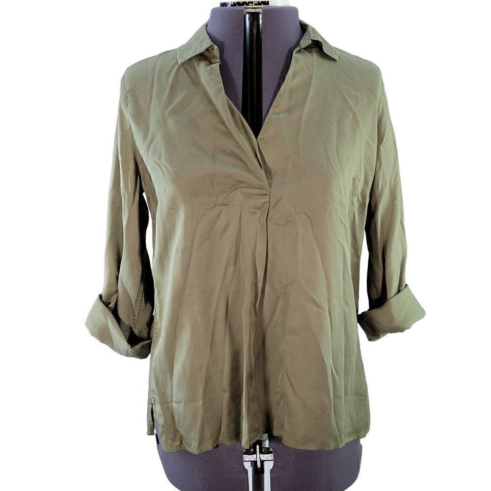 NWOT Talbots Olive Green Collared V-Neck Blouse Sz MP